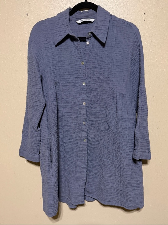 Zara Tops - Zara Blue Textured Cotton Gauze Button Front Tunic Shirt Dress M